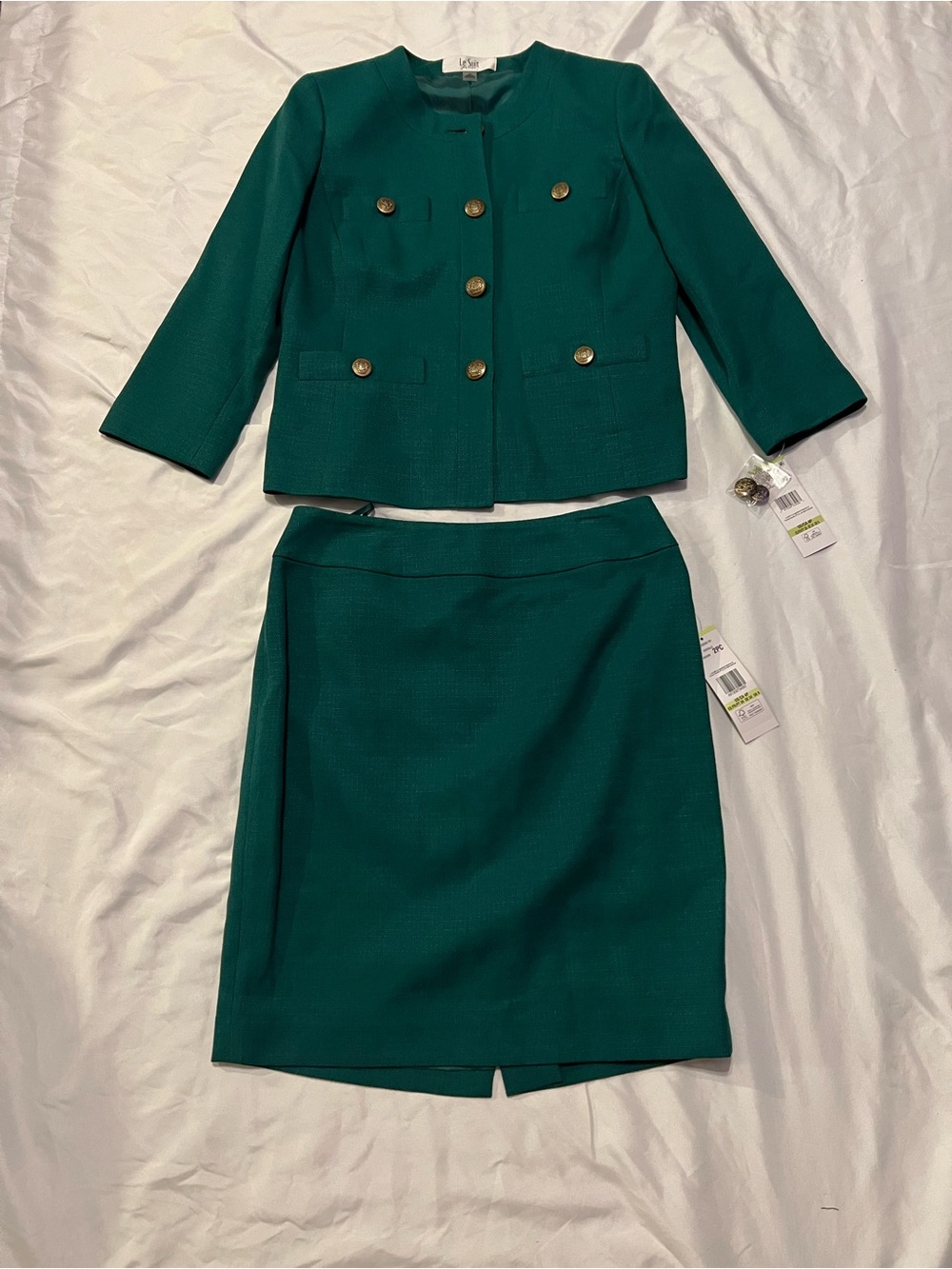 Le Suit Teal Green Tailored Jacket and Pencil Skirt Set